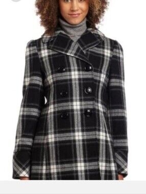 Steve Madden Black & White Plaid Double-Breasted Peacoat